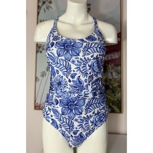 Nicole Miller Studio Blue White Paisley Floral Ruched One Piece Swimsuit XL